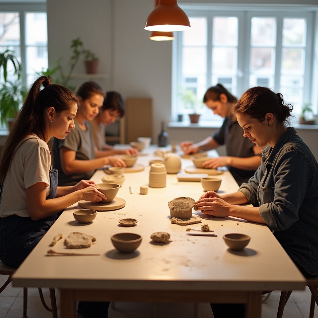 Grupa uczestników pracująca przy stole ceramicznym